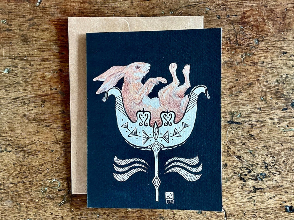 Greeting card with art deco design of hare in flower